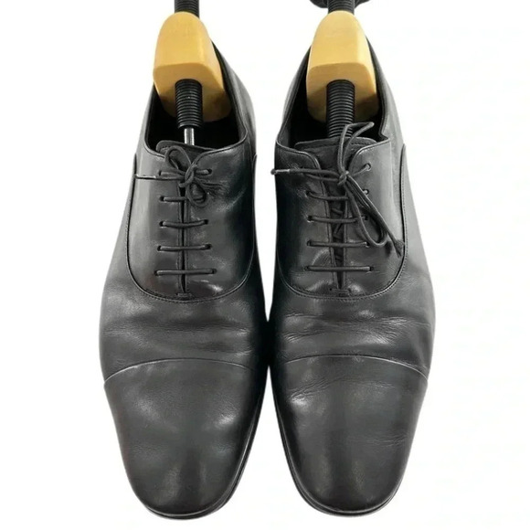 Salvatore Ferragamo mens dress shoes 10 rain lux black Italian leather cap toe - Picture 2 of 15